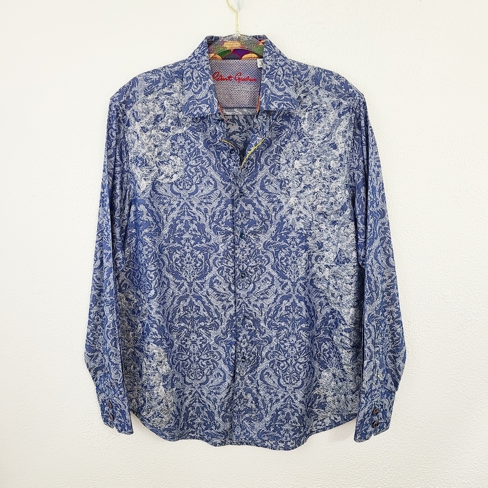 Robert Graham limited edition Blue Damask Shirt embroidered jewel buttons  large